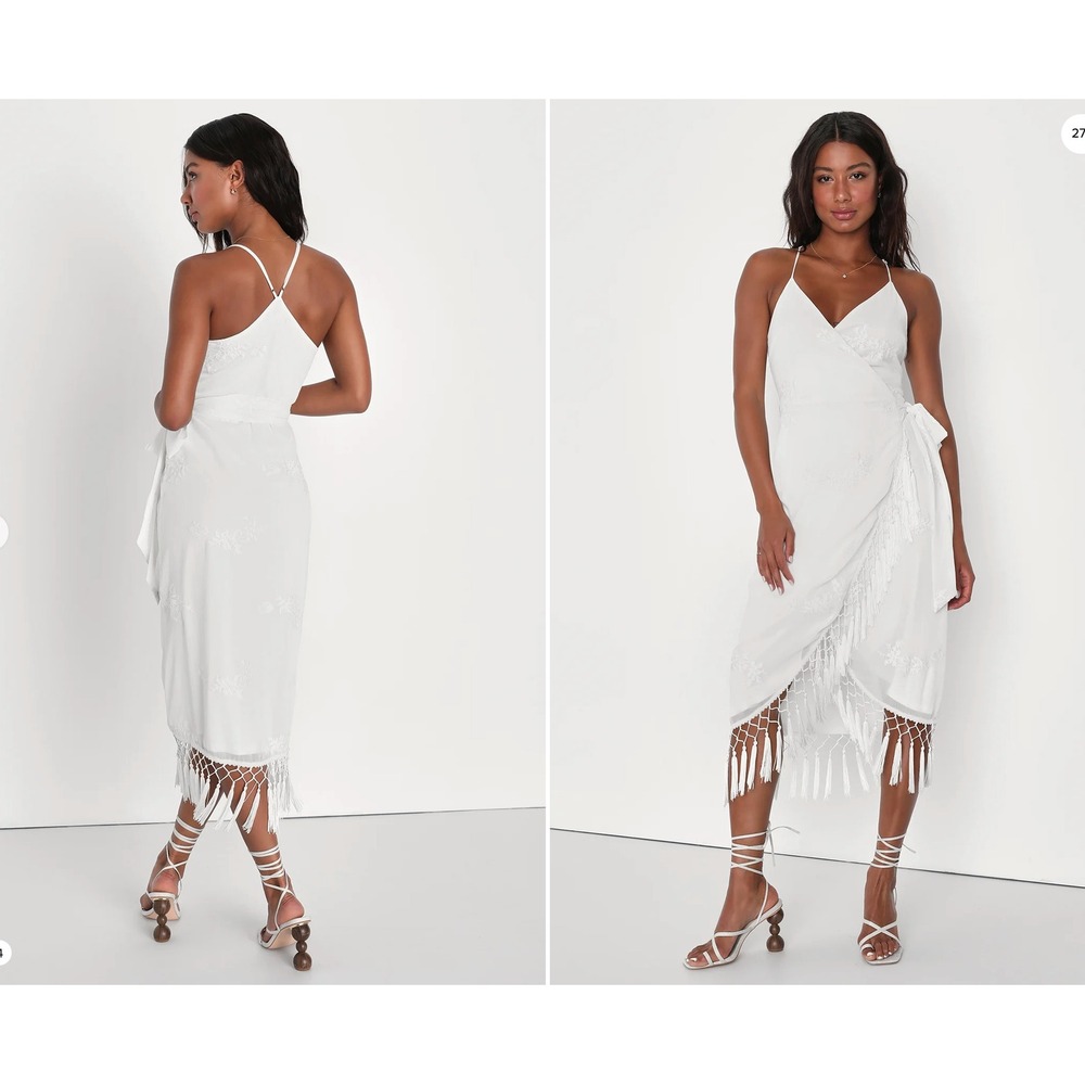 Lulus Fun Affair White Floral Embroidered Tassel Midi Wrap Dress M Wedding